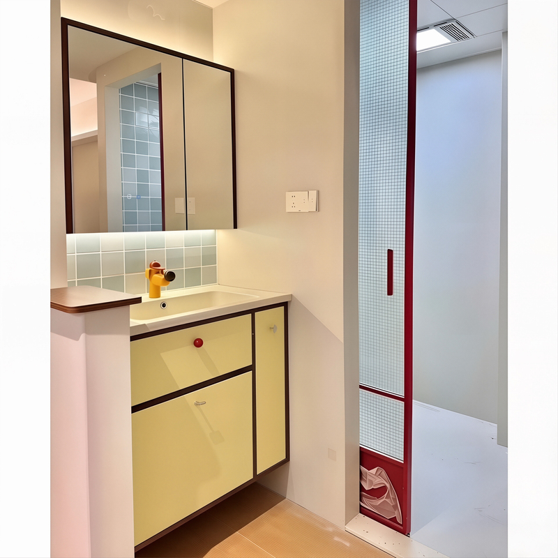 Bauhaus Pull-Out Basket Vintage-Style Bathroom Cabinet for Small Apartments, Color-Blocked Washbasin Cabinet, Solid Wood Vanity with Integrated Ceramic Basin