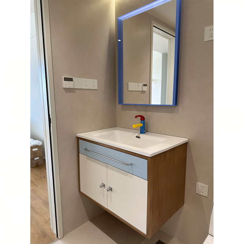Bauhaus Mid-Century Style Contrasting Color Bathroom Cabinet for Small Apartments, Integrated Ceramic Basin, Solid Wood Washbasin, Lacquered Face Washstand