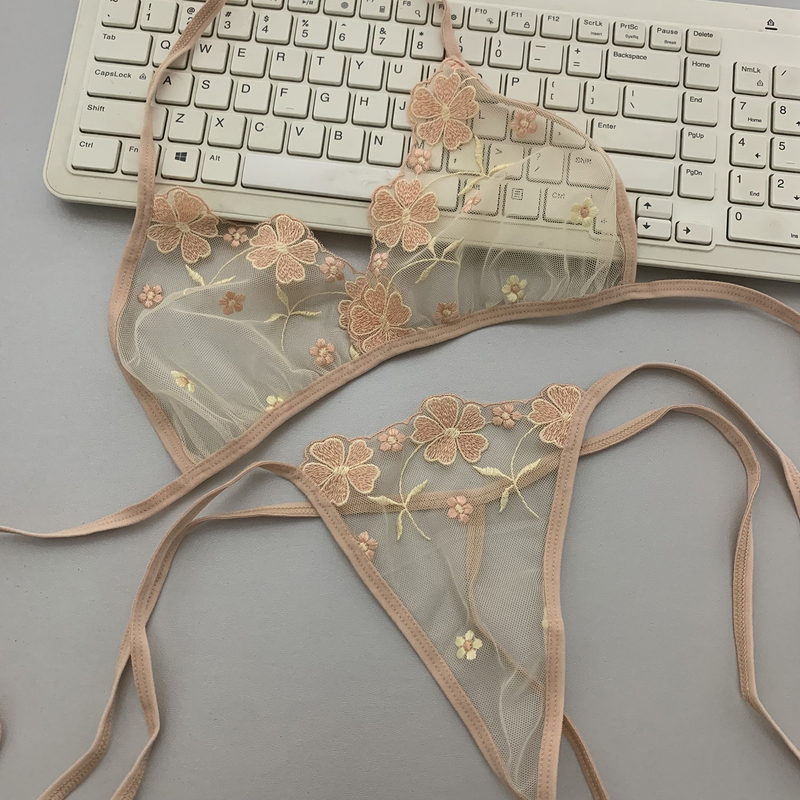 Sexy Bikini Set, Thong, Lace-Up Mesh Lace Embroidery Bra, Low-Waisted, Small Breasts, Hot and Tempting for Couples