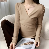Maternity base layer sweater for autumn and winter designed V-neck cross-over temperament sweater top slim fit nursing sweater