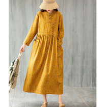 Retro cotton and linen flower pastoral style buckle dress female loose literary style long skirt