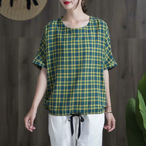 Literary retro original cotton linen button slim round neck pullover shirt summer loose size belly plaid top