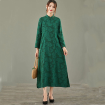 Ethnic cotton and linen dress 2020 early autumn stand collar buckle cross-placket split long sleeve retro modified cheongsam skirt