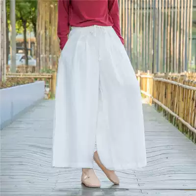 Women's linen pants thick twill women's 2020 autumn new literary retro wide-leg pants elastic waist loose culottes