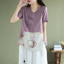 2021 summer vintage ethnic style V-collar slim placket color short sleeve cotton linen T-shirt blouse