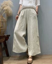 Pure linen retro cotton linen original casual large size split disc buckle design wide leg pants womens thin summer hemp pants