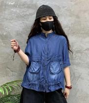 Tencel denim big board shirt women loose casual white drawstring button plus size coat 2021 summer New