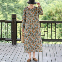 Cotton linen Autumn New loose dress women 2020 Autumn New retro style long sleeve art style skirt