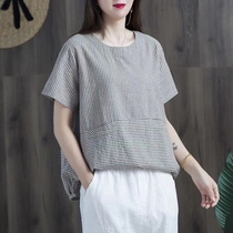 2021 summer new cotton linen short sleeve T-shirt female retro literary round neck vertical stripe loose slim slim top