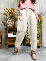 Original design pure linen embroidery Haren pants National style embroidery slimming summer age-reducing hemp pants plus size comfort