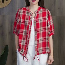 Walking cotton linen plaid shirt V collar loose thin art retro style short sleeve wooden buckle shirt summer drawstring