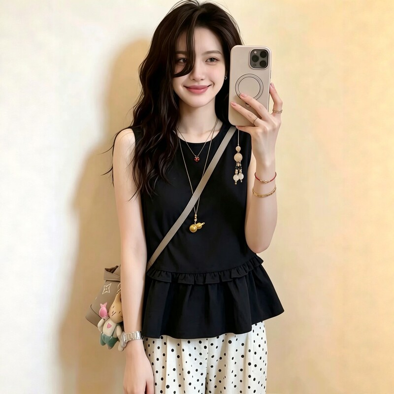Black Sleeveless Shirt for Women, Summer Patchwork Ruffle Design, Elegant French Style, High-End Intellectual Shirt Top Vest