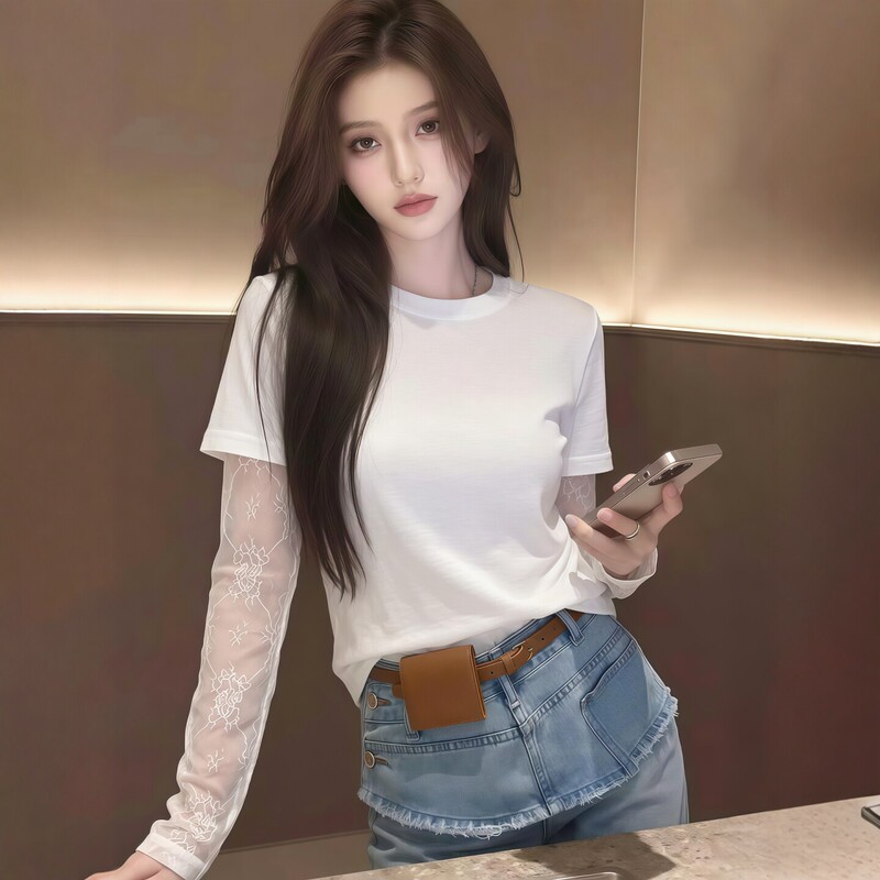 White Long-Sleeve Women's T-Shirt, 2026 New Popular Summer Design with Lace Splicing, Stylish and Very Attractive Top
