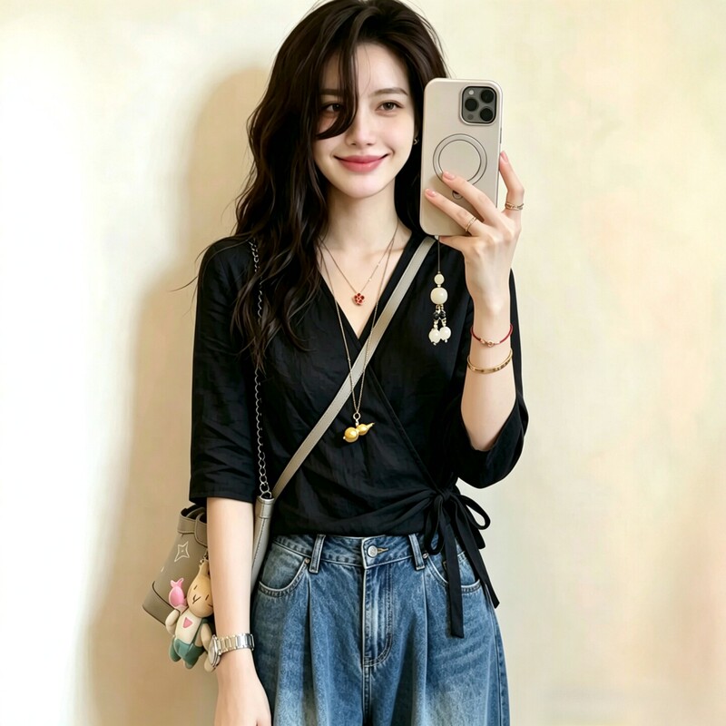 Black Three-Quarter Sleeve Shirt for Women, 2026 New Summer Style, French Lace-Up Waist-Cinching, Very Stylish Women's Top Shirt