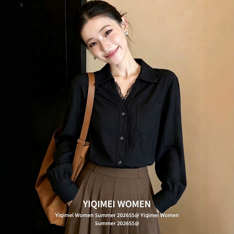 Black Polo Collar Long-Sleeved Shirt for Women, Early Autumn French Style Lace Patchwork Unique and Beautiful Women's Shirt Top Black Polo Collar Long-Sleeved Shirt for Women, Early Autumn French Style Lace Patchwork Unique and Beautiful Women's Shirt Top