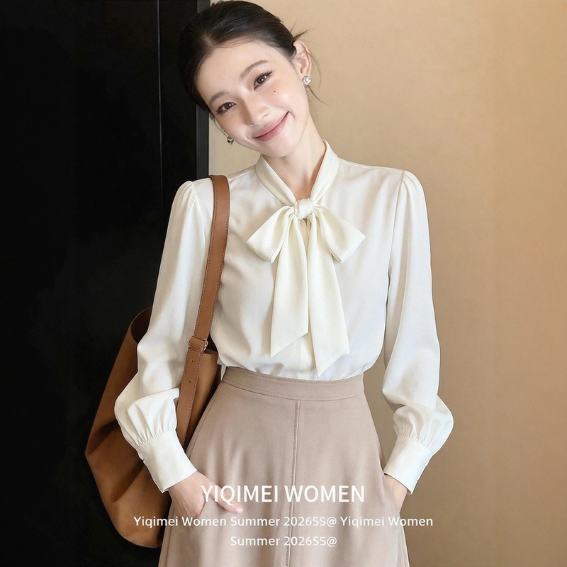 White Collared Long-Sleeved Shirt for Women, Autumn Design with Bow Tie and Ribbon, French Art Style Top Shirt White Collared Long-Sleeved Shirt for Women, Autumn Design with Bow Tie and Ribbon, French Art Style Top Shirt