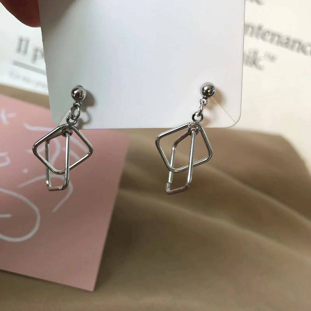 925 silver needle ear needle square geometric wild style small personality simple low-key student no ear pierced ear clip temperament