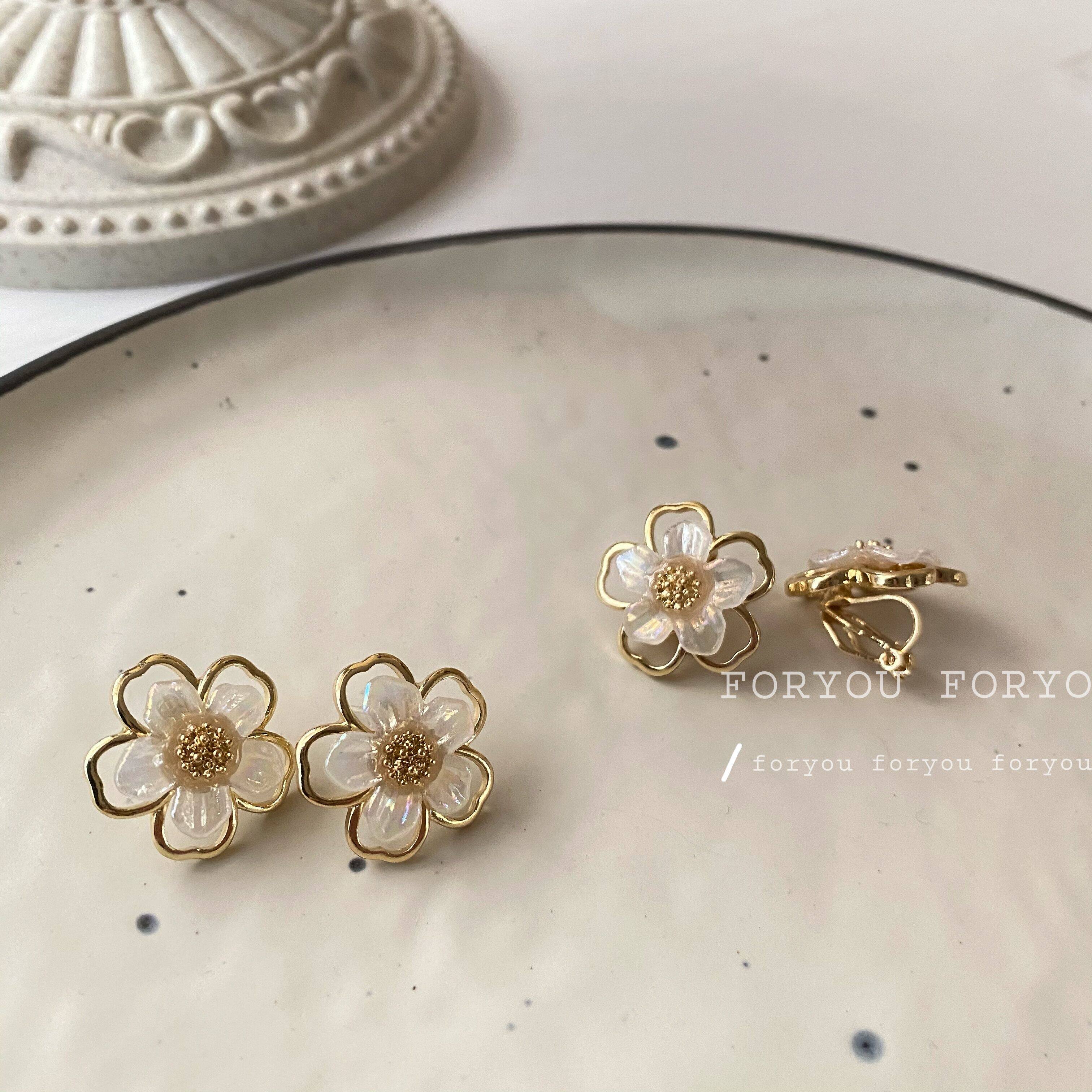 foryou new S925 silver needle sweet and beautiful Han Fan double-layered ins with lukewarm wind flowers earrings without earthy ears