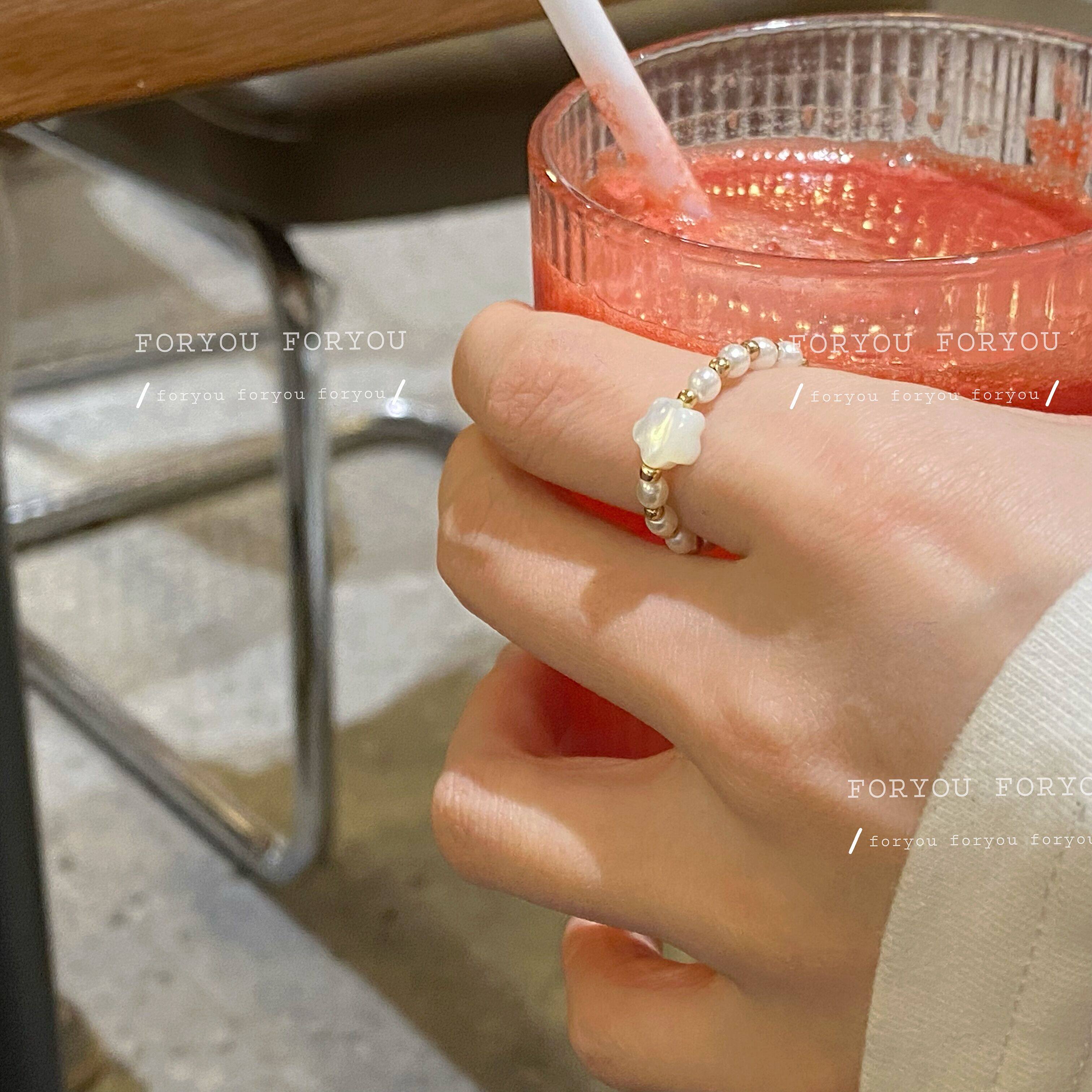 Retro gentle flowers ring Japan-ROK brief sweet and beautiful pearl beads index finger ring cute teenage girl elastic ring