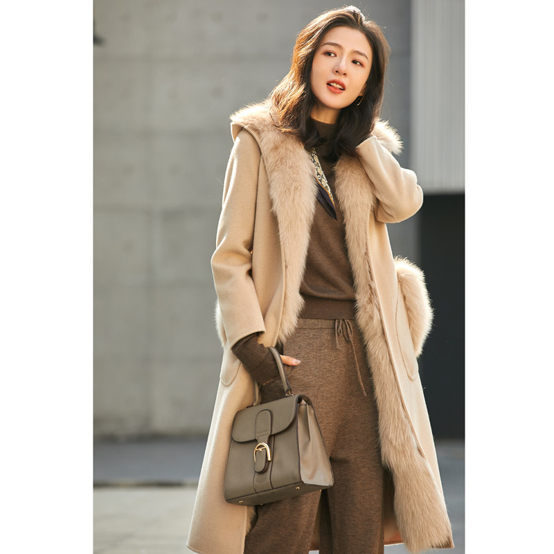 Grapefruit double face cashmere big coat female fox fur liner leather straw jacket lacing long version of even cap pie overcomes