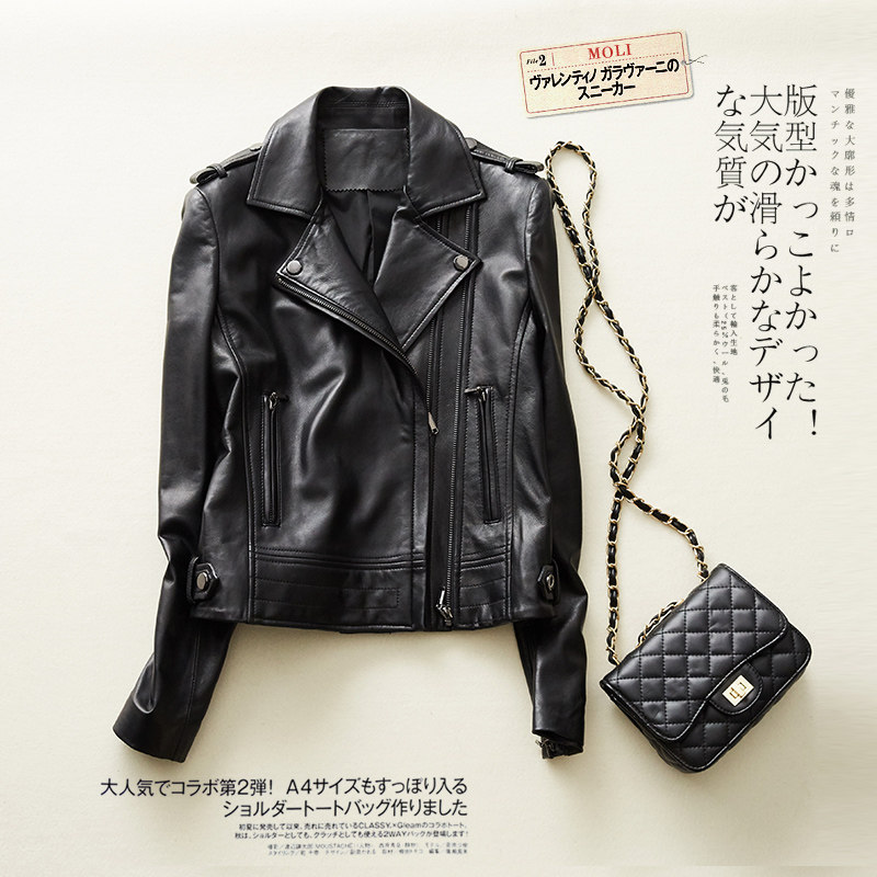 2021 new classic cool handsome sheepskin motorcycle leather jacket women's short suit collar leather leather jacket slim fit