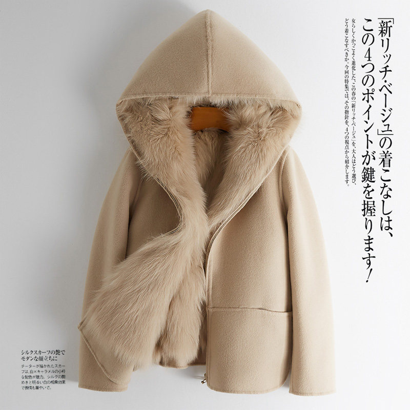 Double face cashmere big coat woman hat 2021 new detachable fox wool liner short fur pachiny overcomes coat