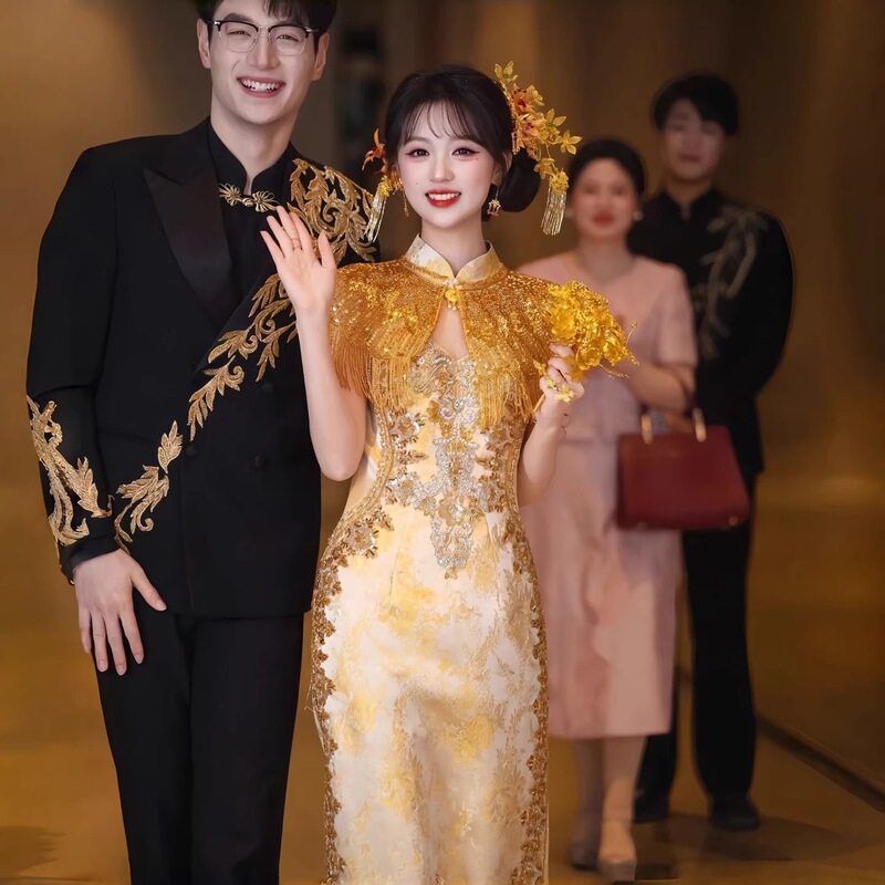 Golden Tassel Toast Dress for Bride, Heavy-Duty Craftsmanship, New Chinese-Style Engagement Qipao Dress, High-End Feel, Wedding Robe for Returning Home