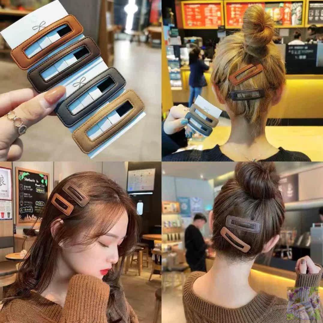 Rectangular leather hairpin female summer side pair 2021 women's hairpin high-end large size South Korea fashion