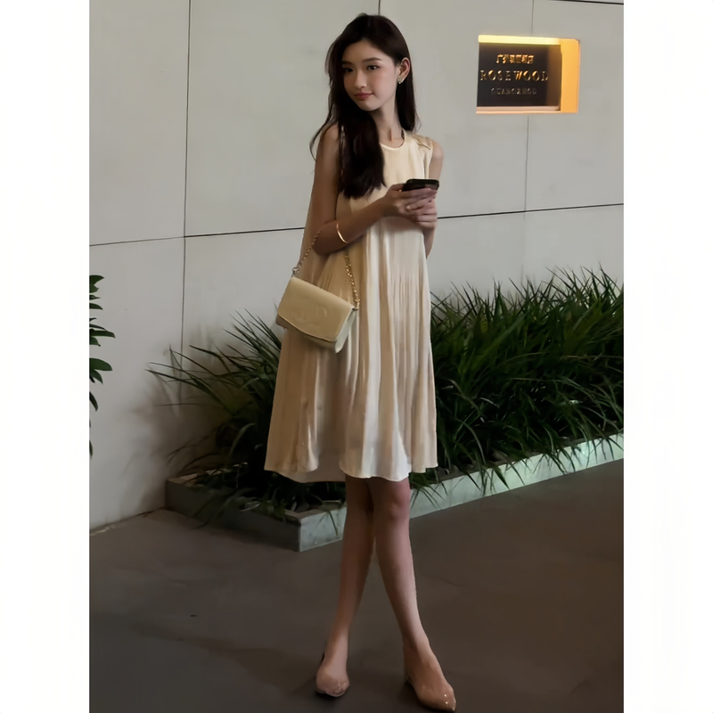 Accordion Pleated Loose Slimming Ice Silk Knitted Short Dress 2026 Summer Satin Acetate Sleeveless Tank Dress