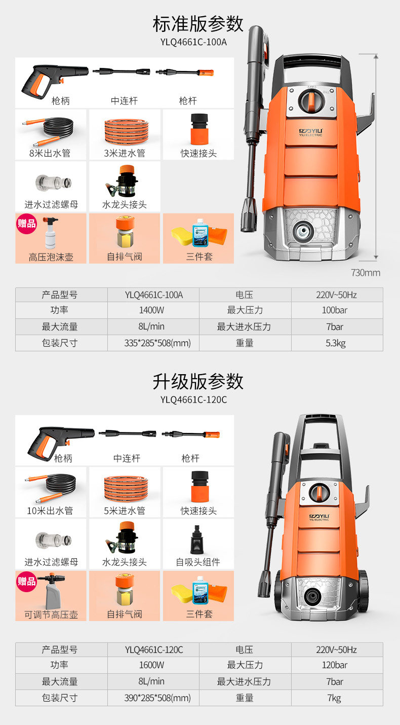100Bar水压 亿力 YLQ4461C-100A 家用220V洗车机 天猫优惠券折后￥319包邮（￥419-100）