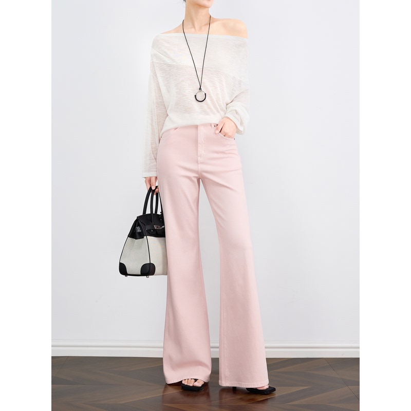 Zheye【Atmospheric Supermodel Pants】Pink Flared Ice Silk Tencel Jeans for Women, Slim Fit Straight Leg Pants