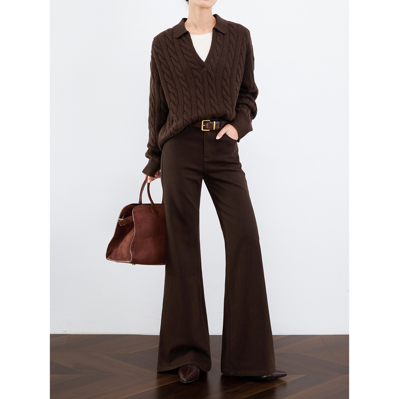 Zheye【Store's Signature Pants】Four-Way Stretch Brown Flared Jeans for Women, Autumn Straight-Leg Coffee-Colored Bell-Bottom Pants Zheye【Store's Signature Pants】Four-Way Stretch Brown Flared Jeans for Women, Autumn Straight-Leg Coffee-Colored Bell-Bottom Pants