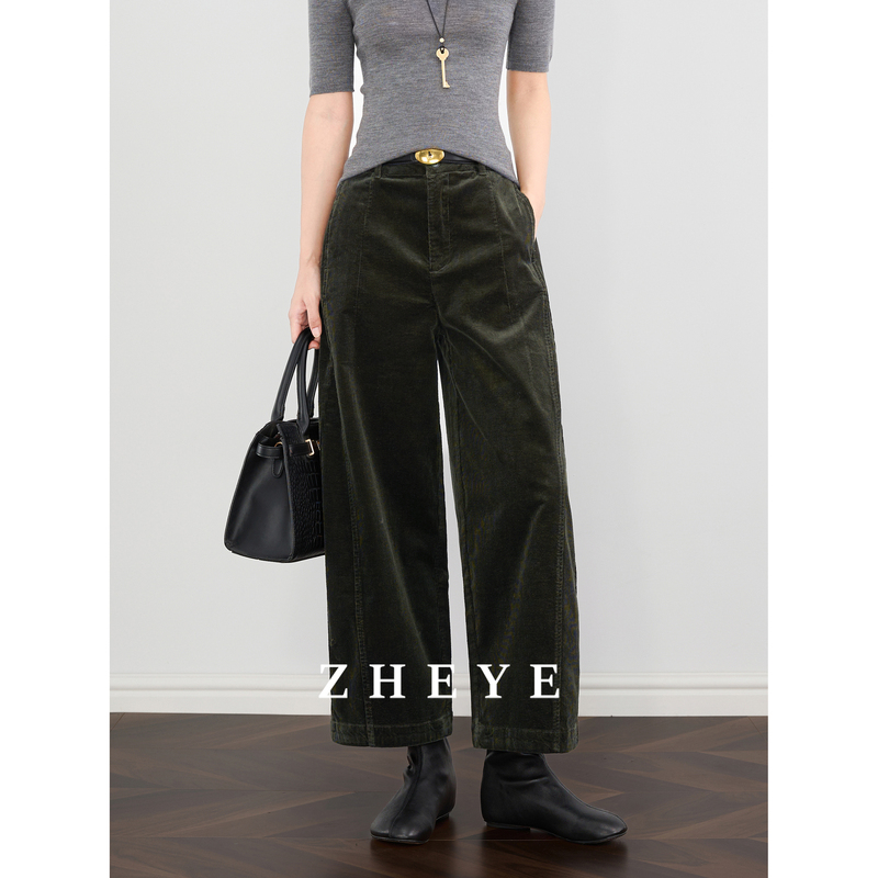 Zheye【Elegant Style】Green Vintage Corduroy Nine-Point Wide-Leg Pants for Women, New Autumn Loose Casual Pants