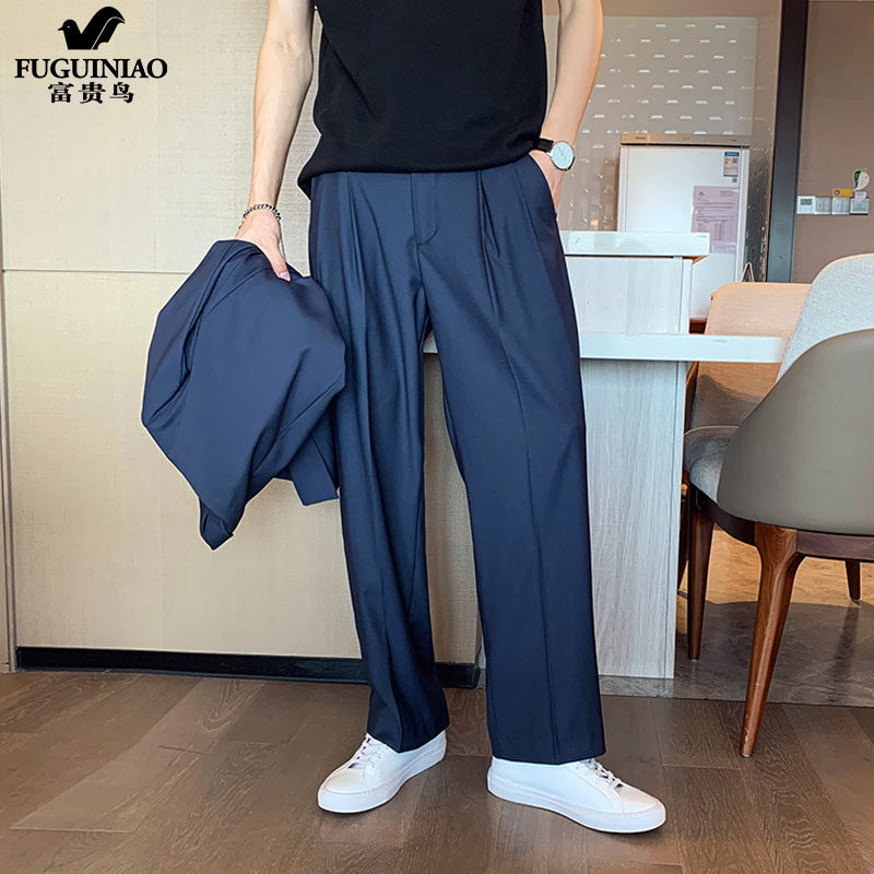 Rich bird navy blue trousers men's thin section drooping spring and autumn drooping fried street ruffian handsome trousers salt Japanese pants
