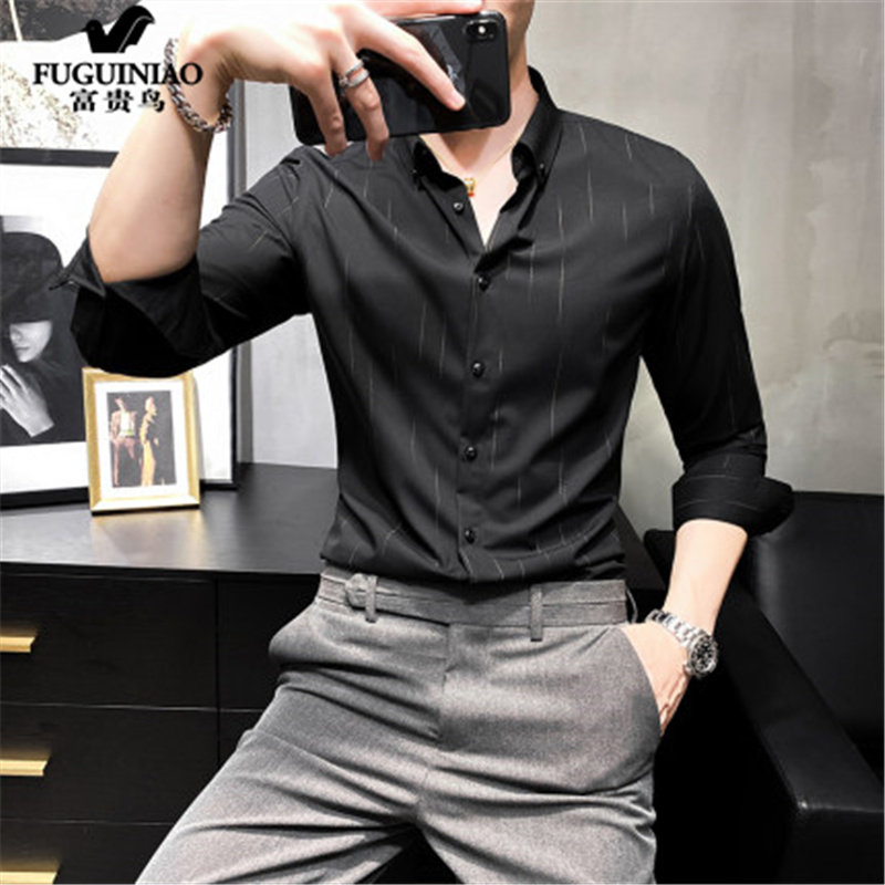 Rich and expensive bird striped shirt male long sleeve Han version sashimi 2021 spring new free ironing men casual shirt