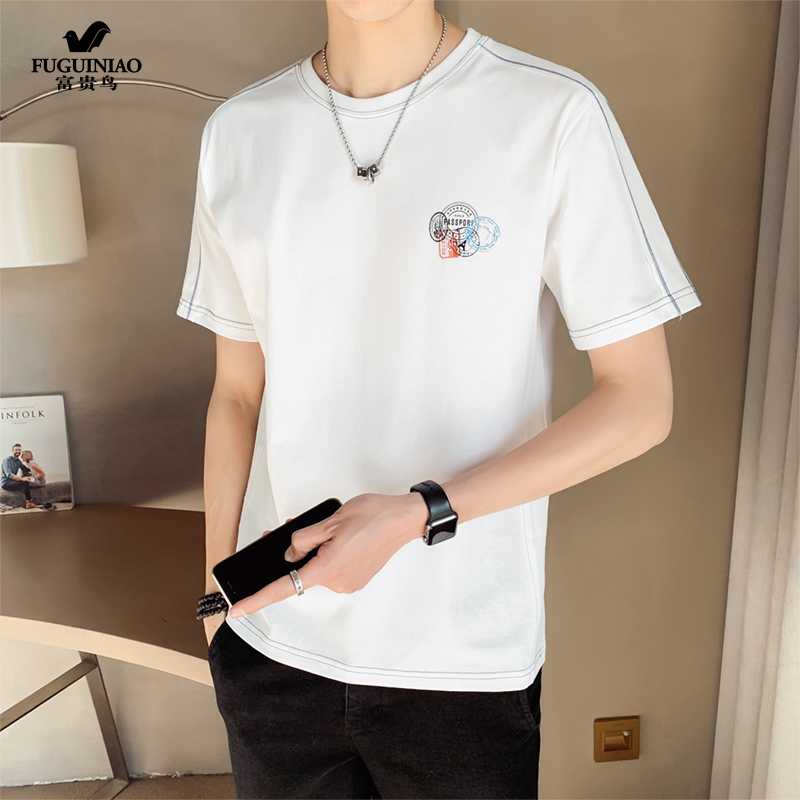 Rich bird ice-sensing T-shirt men's small neckline high street national tide ruffian handsome mercerized cotton short-sleeved summer modal design touch soil