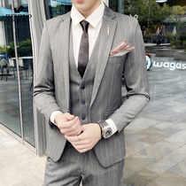 Fugui Bird Suit Suit Mens Leisure Summer Wedding Groom Heurisu Seki Spring Autumn Season Business Stripe West Suit Three Sets