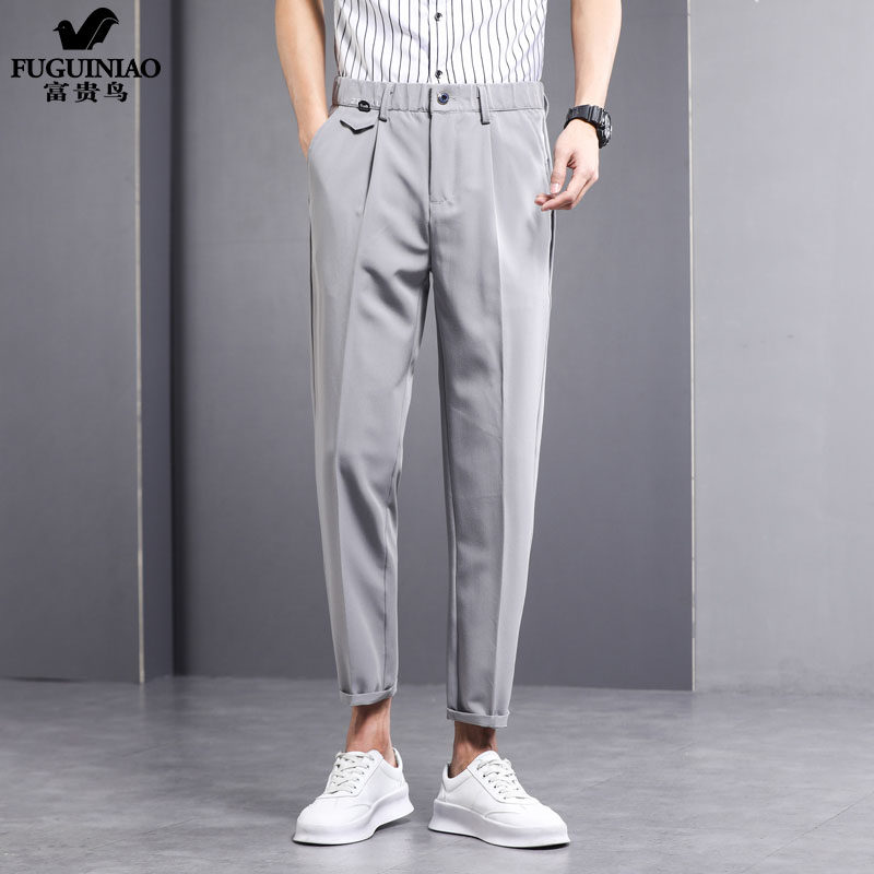 Frosty Wind Male Pants Superior Summer Light 80% Harun thin section Tightness Waist Small Western Pants Male Ice Silk Pendant Sensation