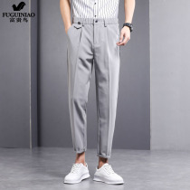 Frosty Wind Male Pants Superior Summer Light 80% Harun thin section Tightness Waist Small Western Pants Male Ice Silk Pendant Sensation