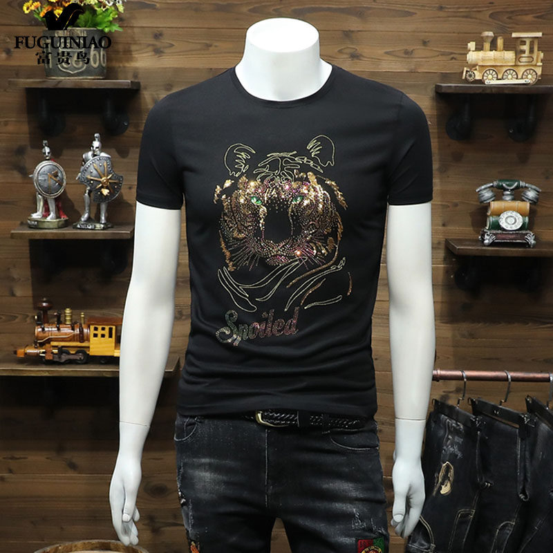 Fugui bird T-shirt male summer new light lavish European and American high street embroidery personality hot gold uppie bright sheet yellow short sleeve t