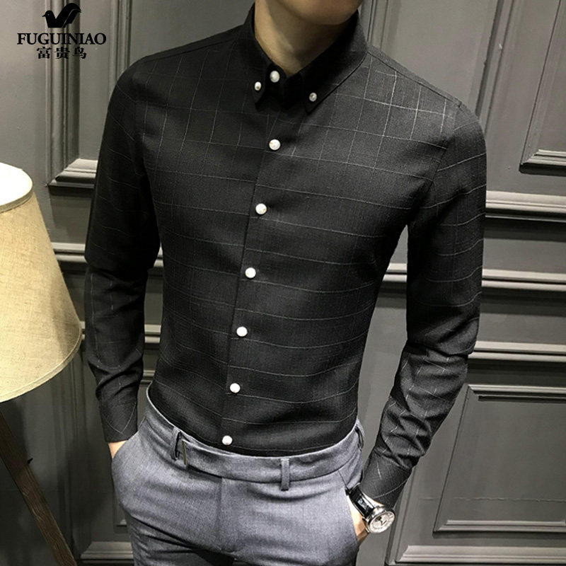 Fugui bird shirt Korean version men's fashion personality dark tattooed plaid shirt business casual long sleeve blouses men's wave