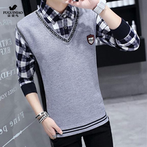 Fugui bird shirt collar sweater for mens autumn and winter plus suede thickened fake two new 2021 exploits fashion foreign gas plaid