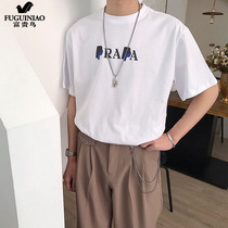 Rich Gui Bird Small Neckline T-Shirt Male Round Collar Summer 70% Sleeves Silk Light Cotton Youth National Tide Hip Hop Easy Letter Printing