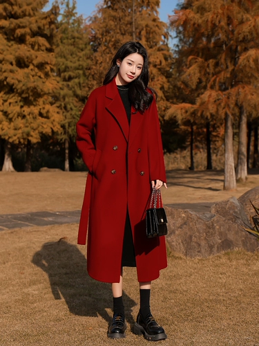 Красное двусторонное кашемировое зимнее элитное шерстяное пальто, 2025 года