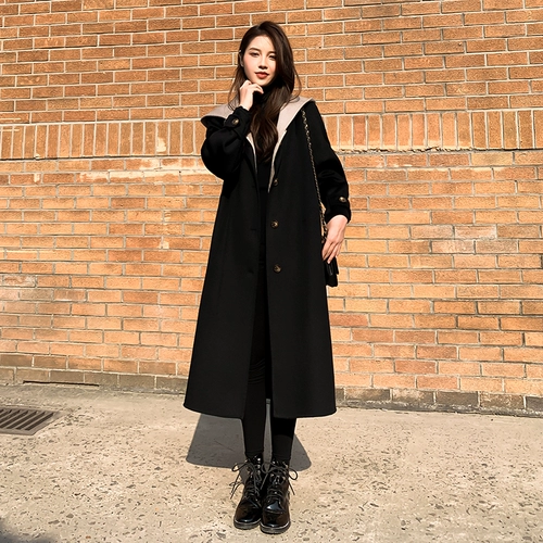 Черный двусторонний кашемировый длинный зимний комплект, шерстяное пальто, средней длины, 2024 года, в корейском стиле