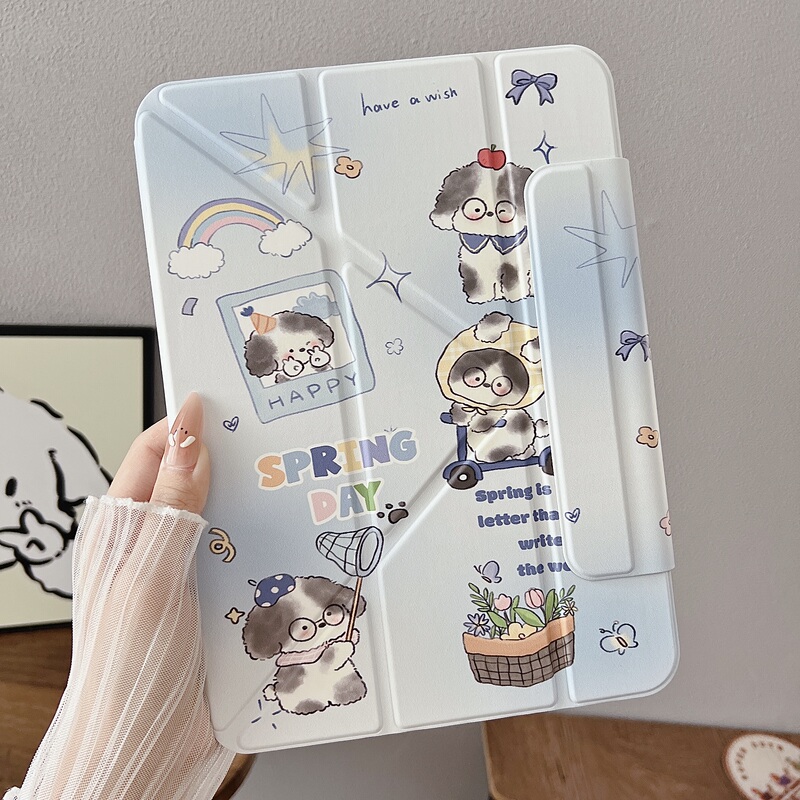 Suitable for iPad Pro 11inch Cute Glasses Dog Air 10.9inch Y-Fold Pen Slot Magnetic Lock Type 10.2/ 10.5inch Protective Case with Horizontal and Vertical Switching Function iPad Air6 13inch Protective Case