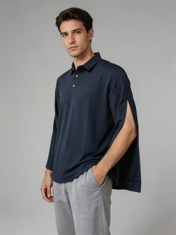 Ultra-Thin Polo Shirt with a Collar, Picc Tube Clothing, Suitable for Summer Chemotherapy and Dialysis, with Zipper Openings on the Sleeves, Can Be Worn Outside