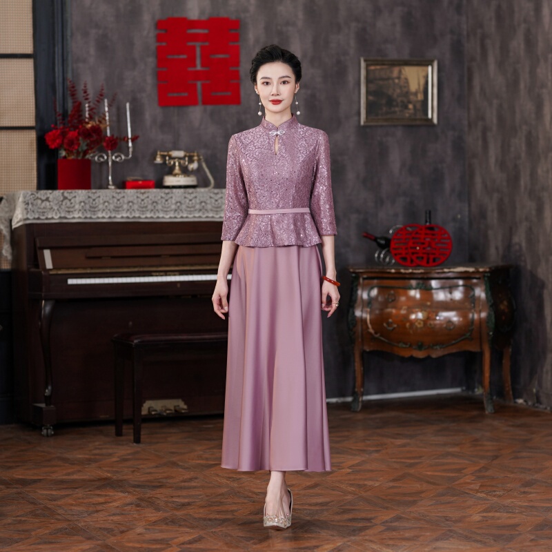 Purple Mother-Of-The-Bride Banquet Dress Cheongsam for Women 2026 New High-End Elegant Slimming Petite Mother-In-Law Wedding Attire