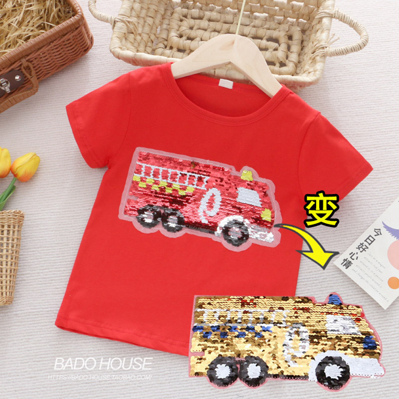 Red Color-Changing Sequin Boys' Fire Truck Short-Sleeve T-Shirt with Reversible Pattern, Pure Cotton Children's Thin Summer Top