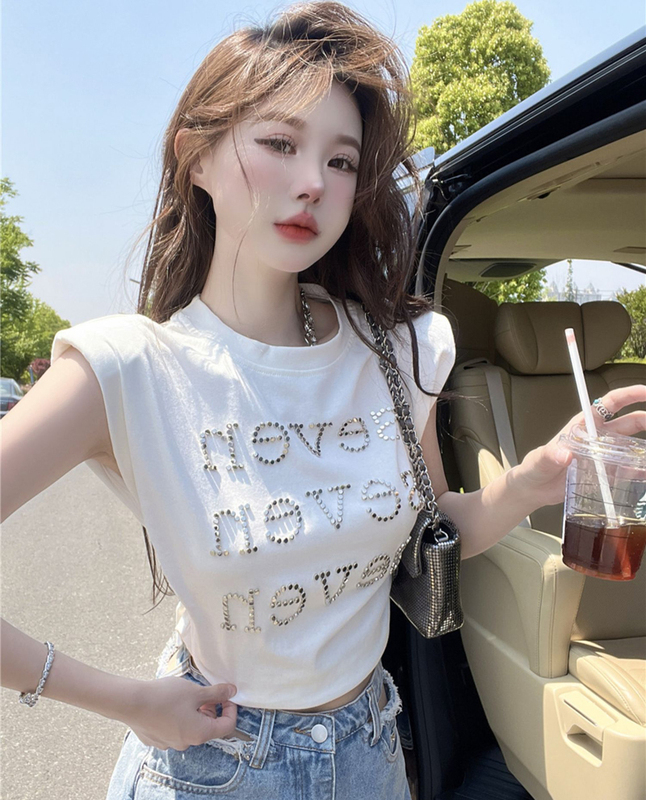 Short Sleeve Rhinestone Sleeveless T-Shirt for Women, 2026 Summer New Style, Slim Fit, High-Waisted, Short-Sleeve, Sweet and Spicy Short Top